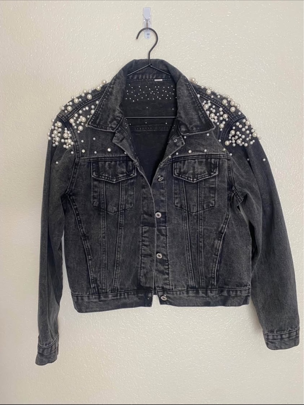 Black Pearl-Embellished Denim Jacket - Women
